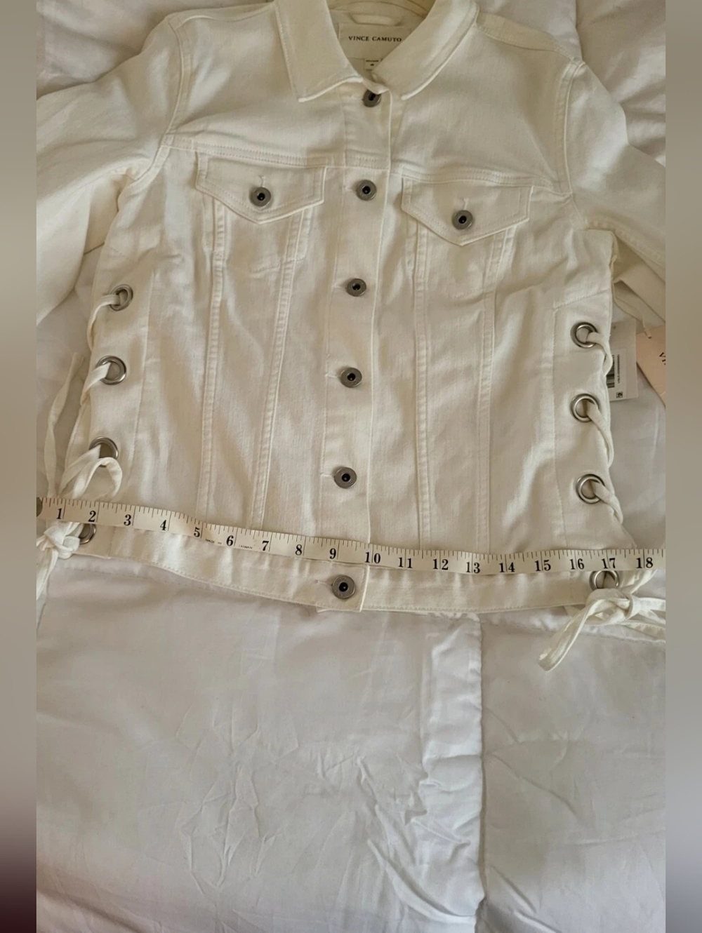 VINCE CAMUTO Womens White Point Collar Denim Jacket  Side Lace Detail Sz XS Nwt - Picture 12 of 12
